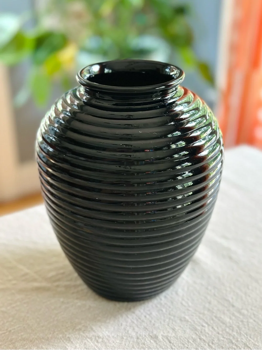 Vintage Art Deco Black Glass Beehive Vase
